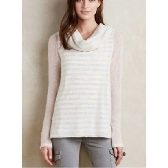 Anthropologie Moth Ivory Striped Layered Cowl Neck Sweater M - Picture 1 of 4